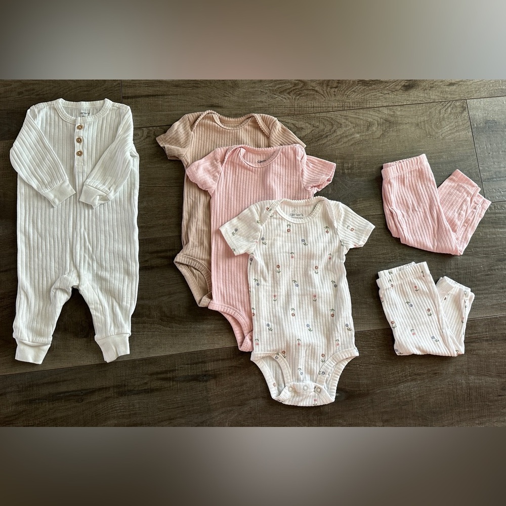 SOLD!!! Ribbed Cotton Baby Onesie Set - Pink, White, Tan